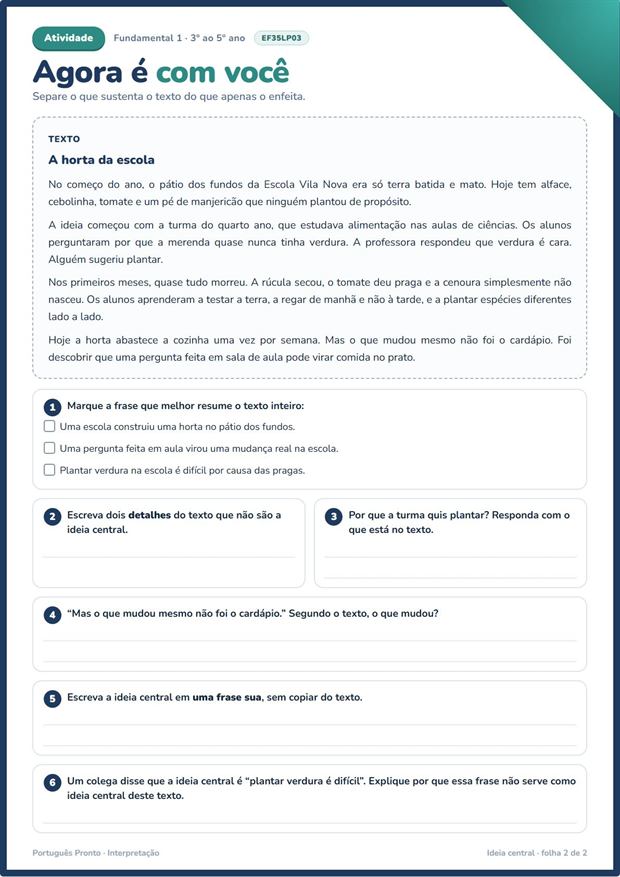 Ideia central — folha de atividade