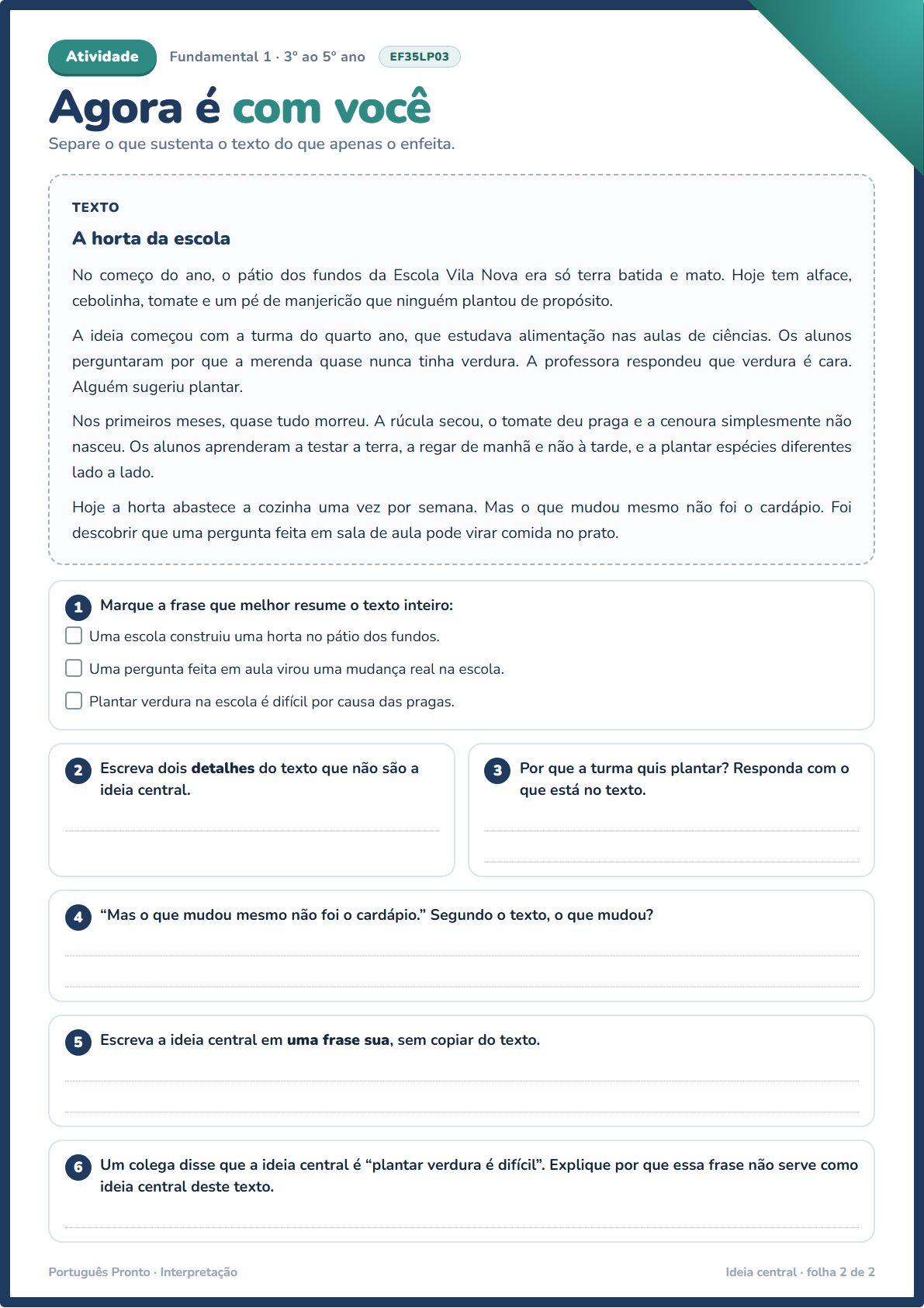 Folha de atividade com texto-base original e questões com campo de resposta
