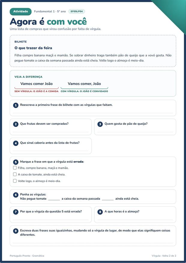 Vírgula e dois-pontos — folha de atividade